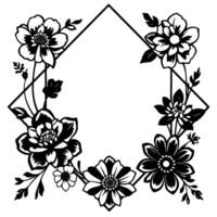 Black and White Floral Geometric Frame Elegant Floral with a DiamondShaped Border and intricate floral and leaf arrangements in a modern minimalist style. vector