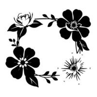 Elegant floral wreath in black and white with a contrasting open rose, stylized flowers, and delicate leaf accents, minimalist, and clean. vector