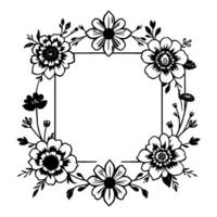 Elegant Black and White Floral Frame with Square Border, Adorned with Detailed Blossoms and Leaves, for Decorative Use. vector