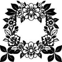 Elegant Black and White Floral Wreath Frame A symmetrical of flowers and leaves, creating a decorative border on a white background. vector