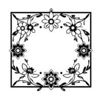 Intricate Black White Floral Frame Geometric Square Border Adorned with Blooming Flower Motifs Curvilinear Vines, Creating an Ornamental with Decorative Charm. vector