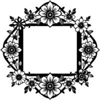 Intricate Black and White Floral Frame Symmetrical Composition with Blossoms, Leaves, and Empty Central Space. vector