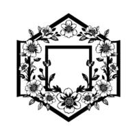 Geometric floral wreath frame in black and white, featuring stylized blooms, leaves, and buds, arranged around a central square. vector