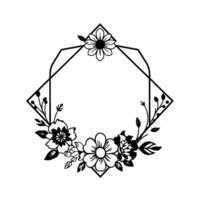 Black and White Geometric Floral Frame Elegant Outline of Flowers and Leaves Within an Octagonal Structure, Suitable for and Decoration. vector