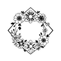 Intricate Black and White Floral Arrangement Within a Diamond Frame, Bordering a Blank Center Space, Perfect for Embellishment vector