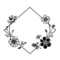 Minimalist Floral Rhombus Frame in Black and White with Delicate Blooms, Branches, and Leaves, creating an Elegant Border. vector