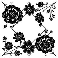 Elegant Black and White Floral Arrangement with Geometric Frame, Showcasing Diverse Bloom Varieties and Botanical Details. vector