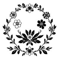Floral A symmetrical arrangement of black and white flowers and leaves, featuring a central cluster and a surrounding wreathlike on a white background. vector