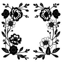 Symmetrical Black and White Floral Illustration Border with Detailed Flower and Leaf Designs on White Background. vector