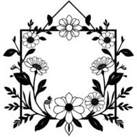 Detailed Black and White Floral Frame, Featuring Daisies, Leaves, and an Ornamental Geometric Shape, perfect for invitations and elements. vector