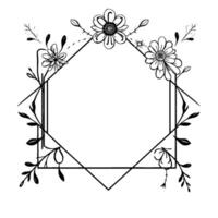 Black and white floral hexagon frame with handdrawn wildflowers and leaves, perfect for invitations or minimalist designs. vector