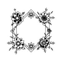 Elegant Black and White Floral Diamond Frame Decorative Outline with Various Flower Types and Leafy Sprigs for Invitations and . vector