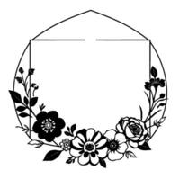 Black and white floral wreath with an open square and rounded frame, elegant and decorative. vector