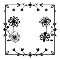 Elegant black and white floral frame illustration featuring daisylike flowers and decorative leaf accents. The is symmetrical and set on a white background. vector