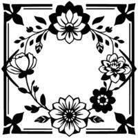 Elegant Black and White Floral Frame with Detailed Flowers, Leaves, and Geometric Borders in Symmetric . vector