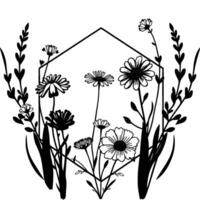 A monochrome floral arrangement featuring daisies and other wildflowers within a hexagonal frame, rendered in a clean, minimalist line art style. vector