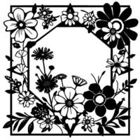 Black and White Floral Frame Botanical Illustration with a central polygon for text or a portrait in a vintage, handcrafted style. vector