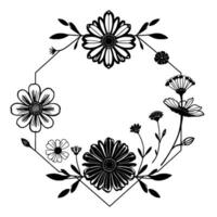 Elegant Monochrome Floral Frame Geometric Border Enclosing Diverse Botanical Elements and Leaves. vector