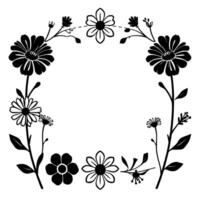Elegant Black and White Floral Border A symmetrical illustration showcasing various stylized flower and leaf elements, perfect for framing text or elements. vector