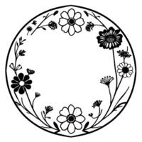 Delicate Floral Circle Border with Detailed Black and White HandDrawn Flowers and Foliage, Empty Center. vector