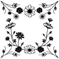 Elegant Black and White Floral Border Composition with Various Wildflower Styles, Isolated on White Backdrop, Featuring Text. vector