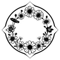 Intricate Black and White Floral Wreath with Geometric Frame, Emphasizing Delicate Line Art and Negative Space on White Background. vector