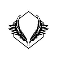 Symmetric Black Feather Wings Inside Hexagon Frame on White Background, Simple vector