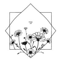 Intricate black and white botanical illustration featuring a bouquet of daisies and other wildflowers, enclosed in a geometric square and diamond frame, with the text TTISE .OF. vector