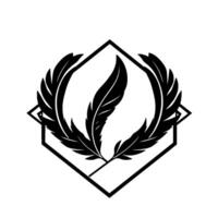 Elegant black feather emblem within a diamondshaped frame, symbolizing freedom and intellect against a stark white backdrop, a refined . vector