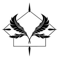 Symmetric Black Feathered Emblem Within Geometric Diamond and Square Frame, Pointed Accents, Isolated White Background vector