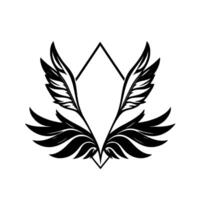 Symmetrical black feather wings framing an open diamondshaped space, minimalist on white. vector