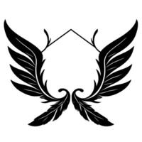 Black and white symmetrical illustration of stylized wings framing an open geometric shape, evoking elegance and fantasy. vector