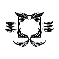 Elegant symmetrical black feather and leaf square frame on a white background, creating a visually balanced, minimalistic, and sophisticated decorative border. vector
