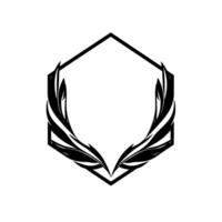 Black stylized feather wings symmetrically arranged within a geometric hexagon frame, minimalistic on white background. vector