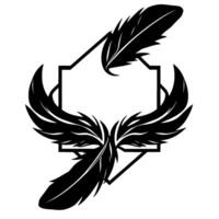 Black and white geometric featuring abstract wings, feathers, and a central frame, creating a stylized emblem against a minimalist white background. vector