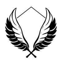 Emblem of stylized black and white wings crossed at the base, framing a geometric shape. vector