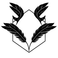 Elegant Black Feather with Geometric Hexagon Frame, Minimalist Illustration on White Background. vector