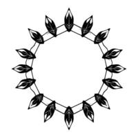 A symmetrical, minimalist illustration of a circular leaf pattern in black and white, forming an ornamental wreathlike on a clean white background. vector