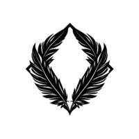 Symmetrical Black Feather Inside a Diamond Shape with Sharp Angles on White Background Monochromatic Concept. vector