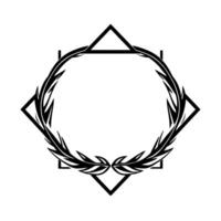 Geometric Black and White with Ornamental Frame, Featuring Leaves and Intersecting Triangles and Squares, Elegant and Minimalist. vector
