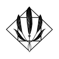 Minimalist monochrome illustration of three stylized feathers radiating from a central point, enclosed within a diamond frame. vector