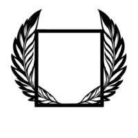 A symmetrical black and white illustration featuring a square frame encircled by featherlike elements arranged in a semicircular fashion, offering a minimalist, elegant . vector