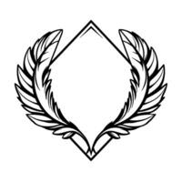 Black and White Illustration of a Rhombus Frame Adorned with Symmetrical Feathered Wreaths, Elegant and Minimalist . vector