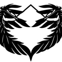 Symmetrical black feather wings and a diamondlike frame on white background creating a heartshaped negative space, perfect for logos. vector