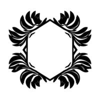 Black floral ornamentation framing a central hexagon shape in a stark white background, creating a symmetrical and decorative . vector