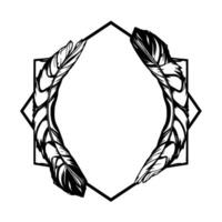 Monochrome symmetrical featuring stylized feathers arranged within a geometric octagonal frame, evoking a sense of elegance and balance on a white background. vector