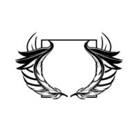 Elegant black and white emblem featuring feather wings encompassing a square frame, creating a symmetrical and decorative . vector