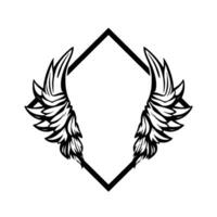 Symmetric Black and White Feathered Wings Embracing a Diamond Frame, Minimalist Emblem for Logos and Creative Projects. vector