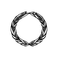Black and white stylized laurel wreath illustration, perfect circular frame on a white background, representing victory and achievement, ideal for logos. vector