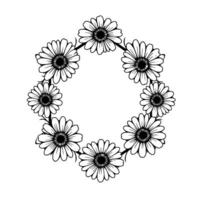 Intricate monochrome floral wreath , handdrawn in detailed linework with a white background, perfect for invitations and creative projects. vector